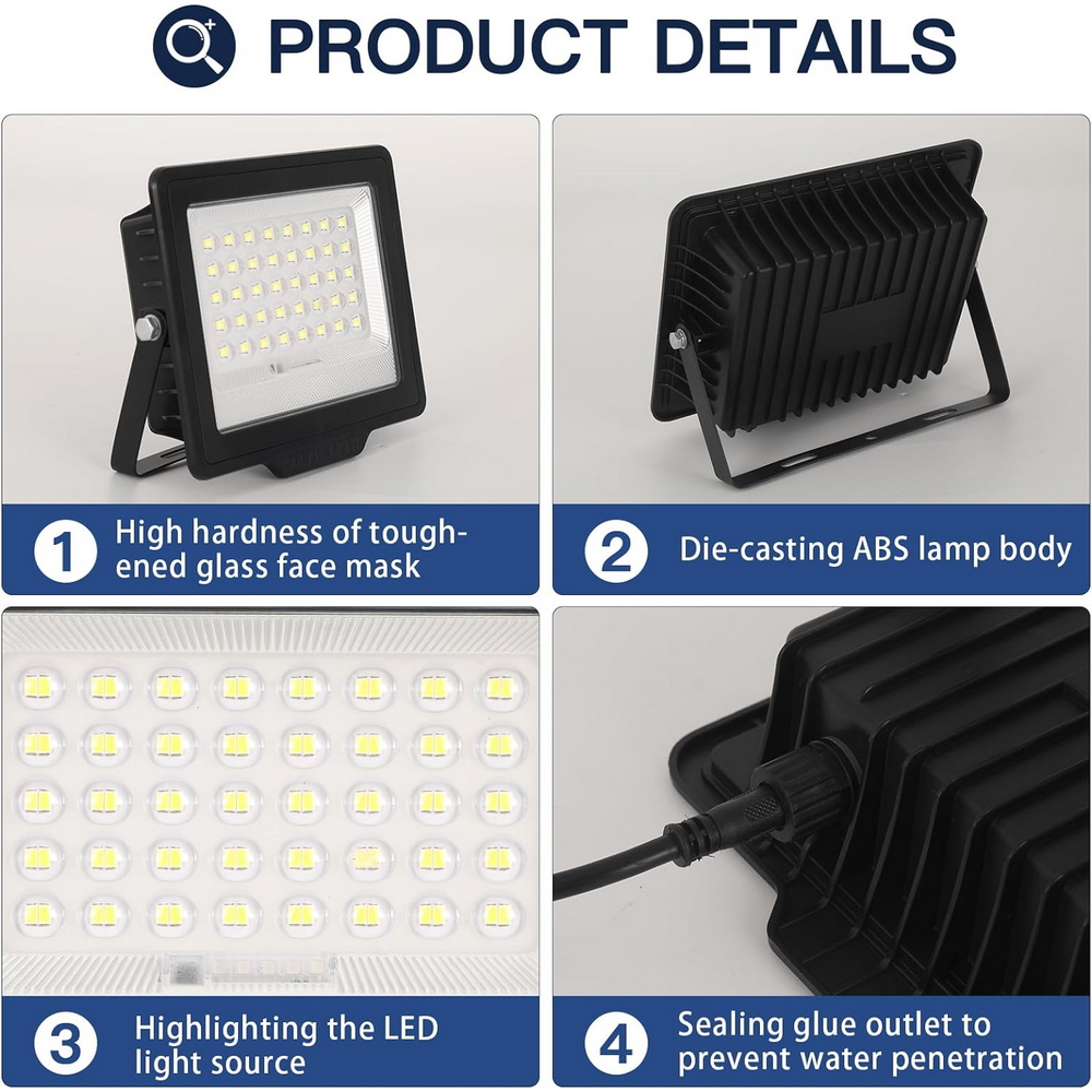Faro Led 200W Nero con pannello solare IP66 Bianco freddo 6500K Dimmerabile con telecomando e sensore crepuscolare confezione da 2pz Wisdom - Foto 1