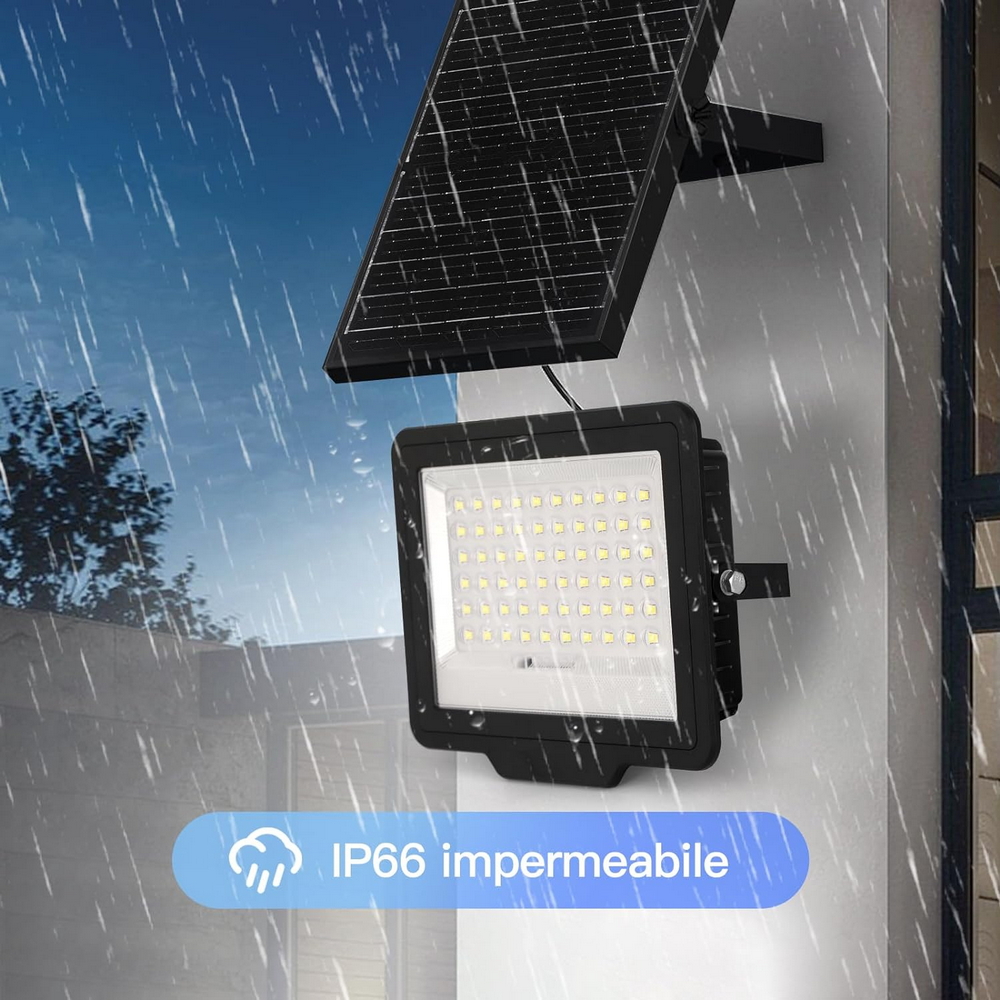 Faro Led 200W Nero con pannello solare IP66 Bianco freddo 6500K Dimmerabile con telecomando e sensore crepuscolare confezione da 2pz Wisdom - Foto 3