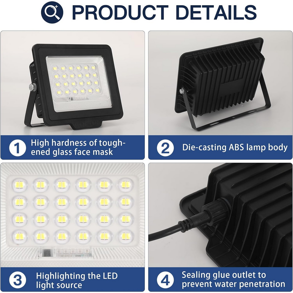 Faro Led 60W Nero con pannello solare IP66 Bianco freddo 6500K Dimmerabile con telecomando e sensore crepuscolare confezione da 2pz Wisdom - Foto 1