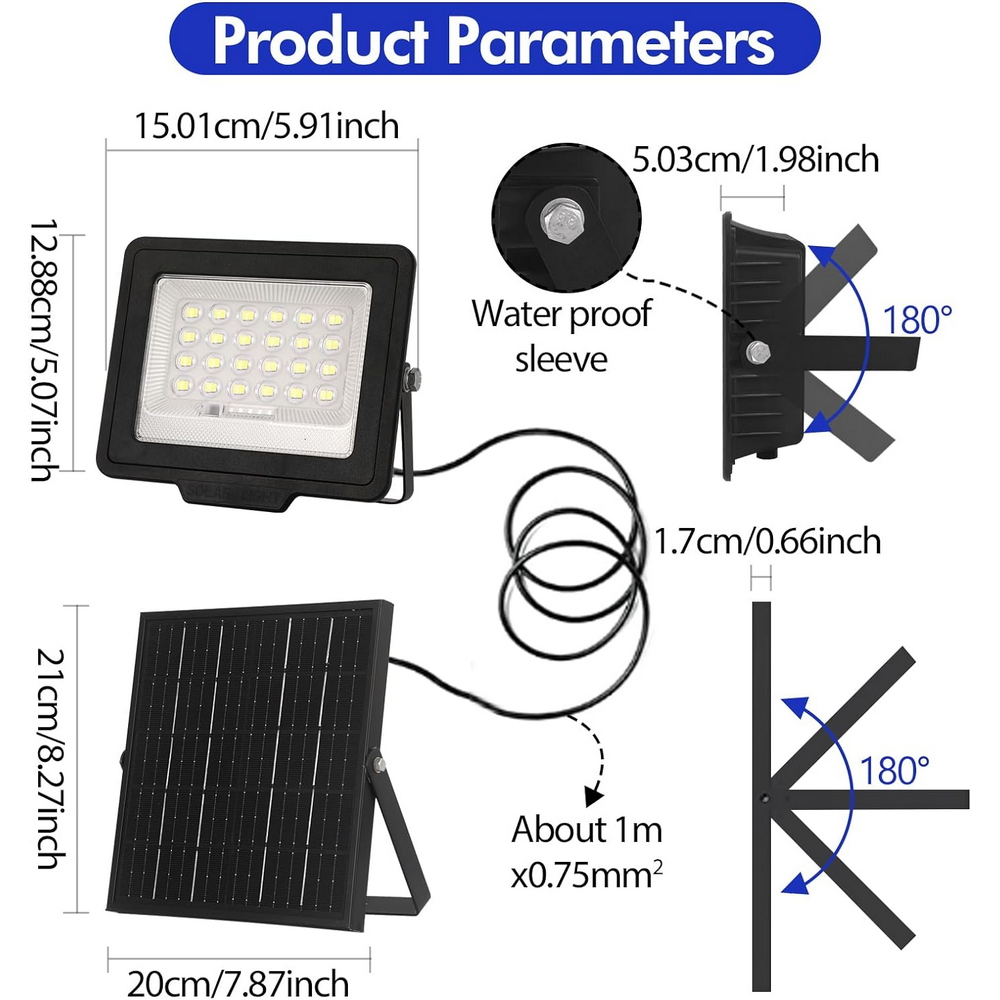 Faro Led 60W Nero con pannello solare IP66 Bianco freddo 6500K Dimmerabile con telecomando e sensore crepuscolare confezione da 2pz Wisdom - Foto 5