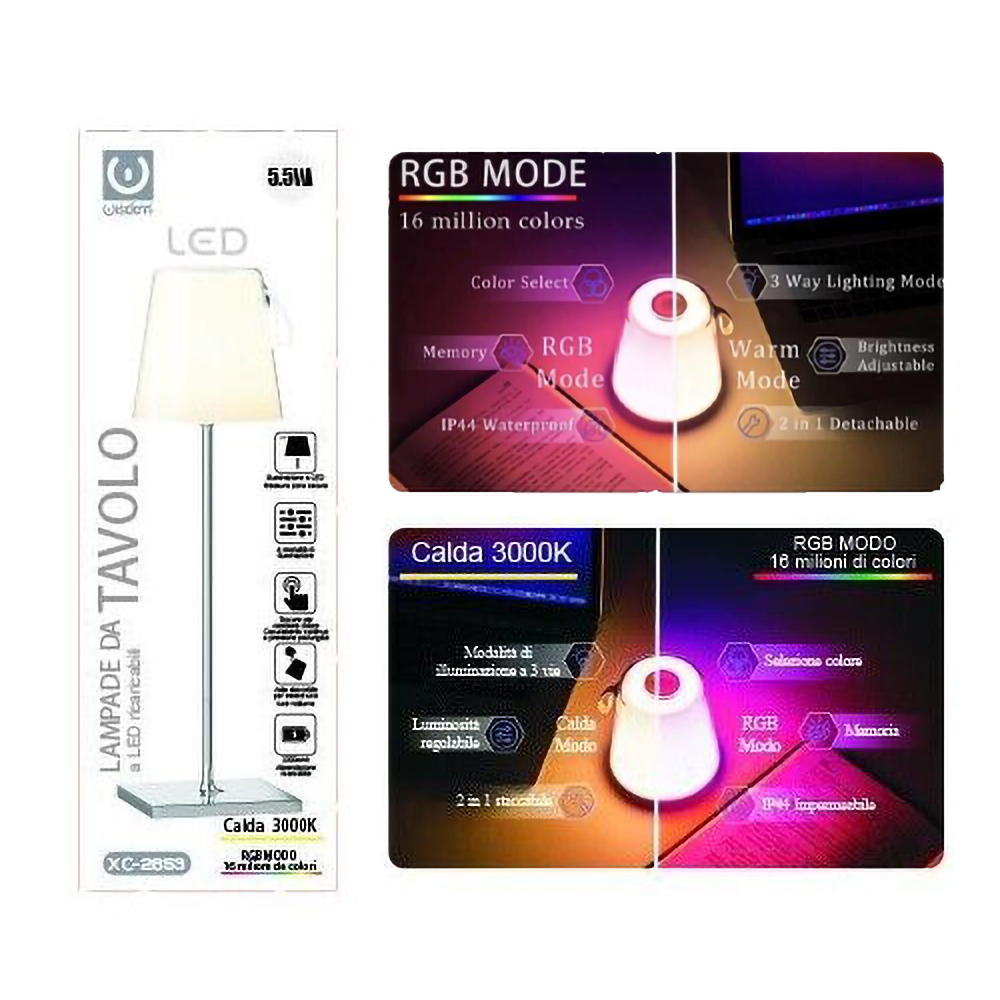Lampada da tavolo Led touch Dolly Bianca e Grigia RGBW 5,5W portatile a batteria ricaricabile USB Type-C con paralume rimovibile Wisdom - Foto 2