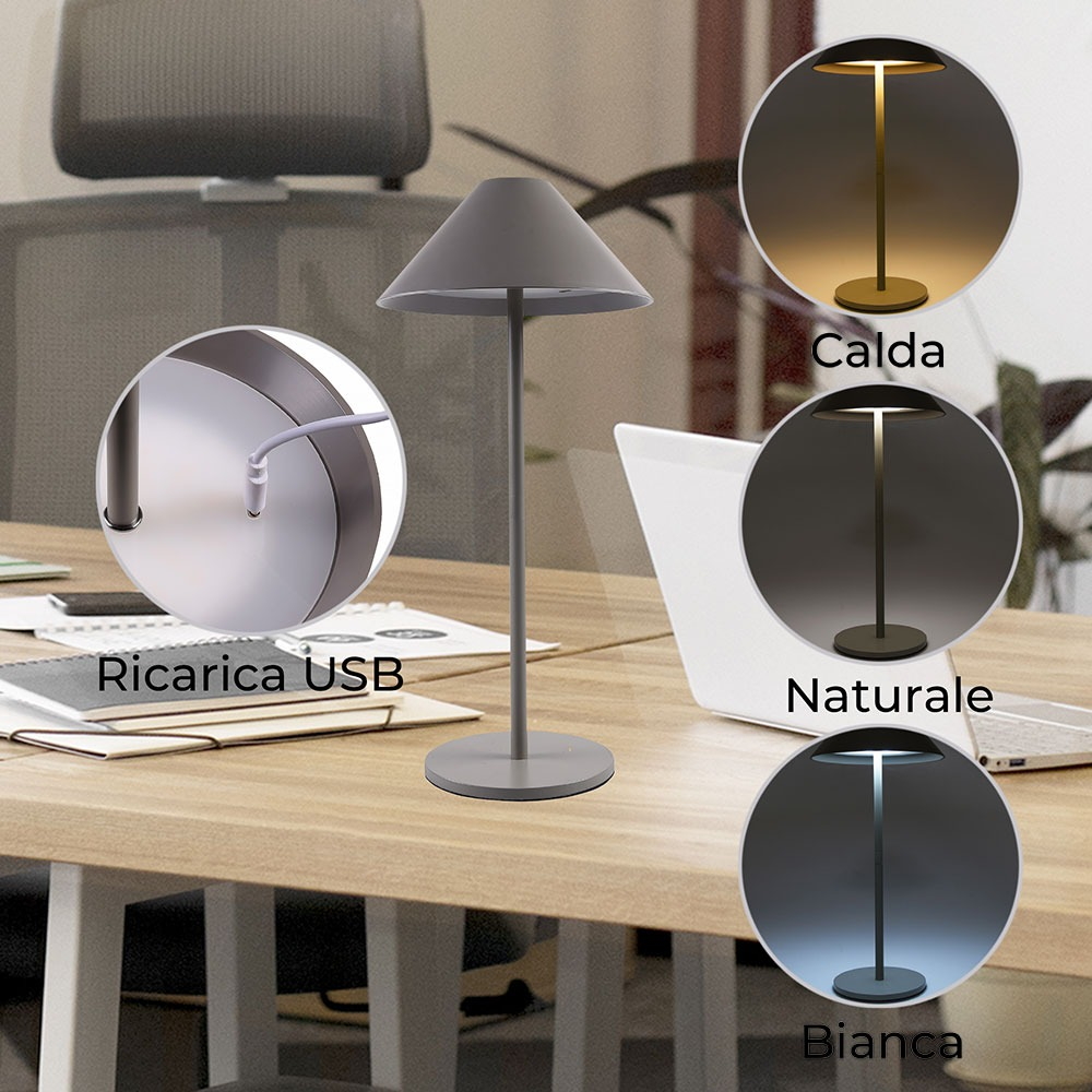Lampada da tavolo Led touch Nam Grigia 5W portatile a batteria ricaricabile USB Dimmerabile Wisdom - Foto 5