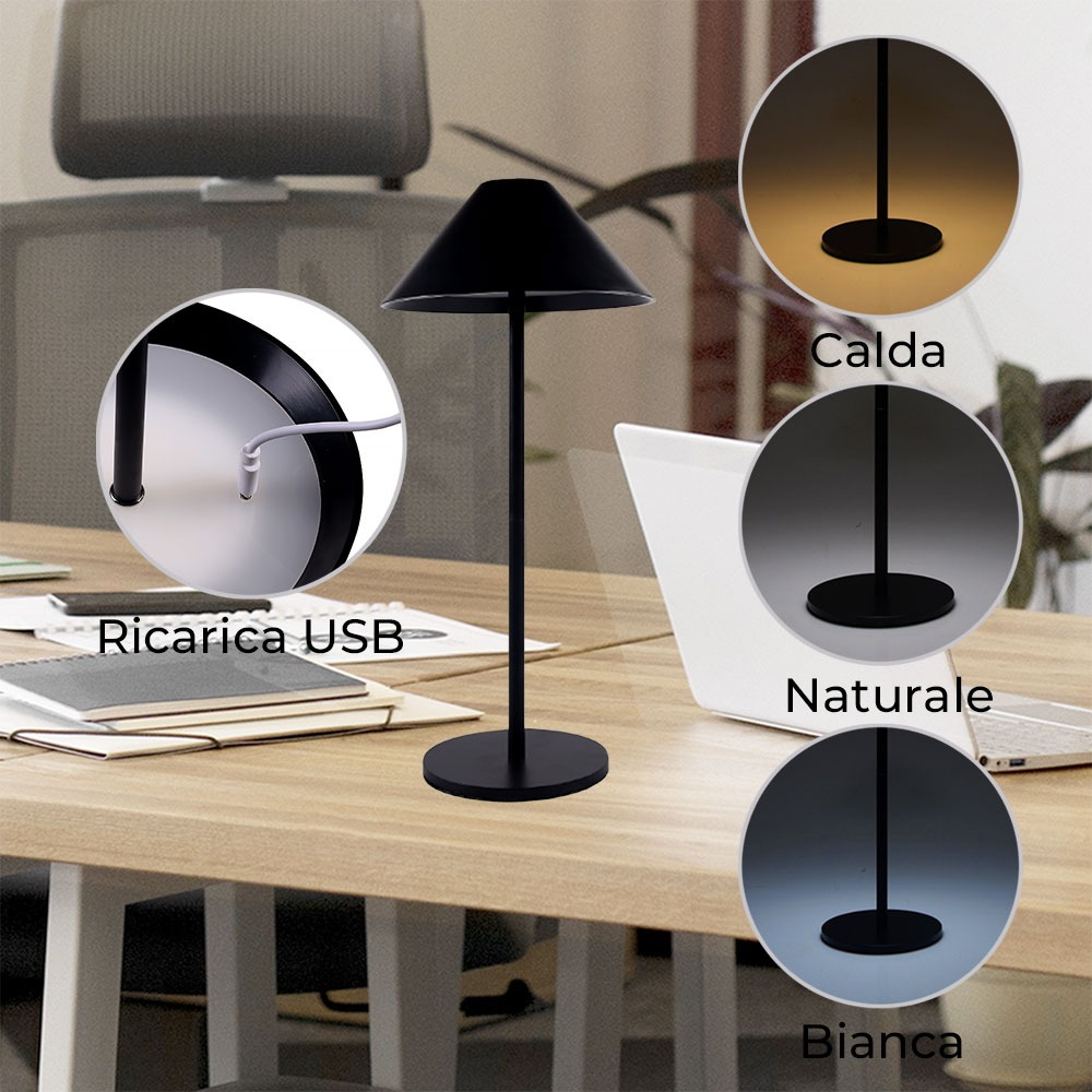 Lampada da tavolo Led touch Nam Nera 5W portatile a batteria ricaricabile USB Dimmerabile Wisdom - Foto 5