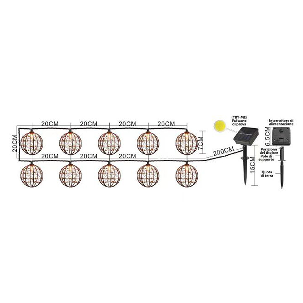 Catena luminosa a Led decorativa con pannello solare 3,8 metri 10 sfere Bianco Caldo 2200K Wisdom - Foto 1