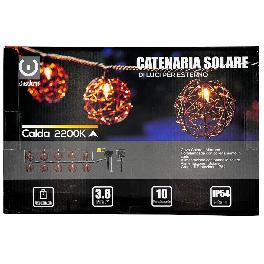Catena luminosa a Led decorativa con pannello solare 3,8 metri 10 sfere Bianco Caldo 2200K Wisdom - Foto 7