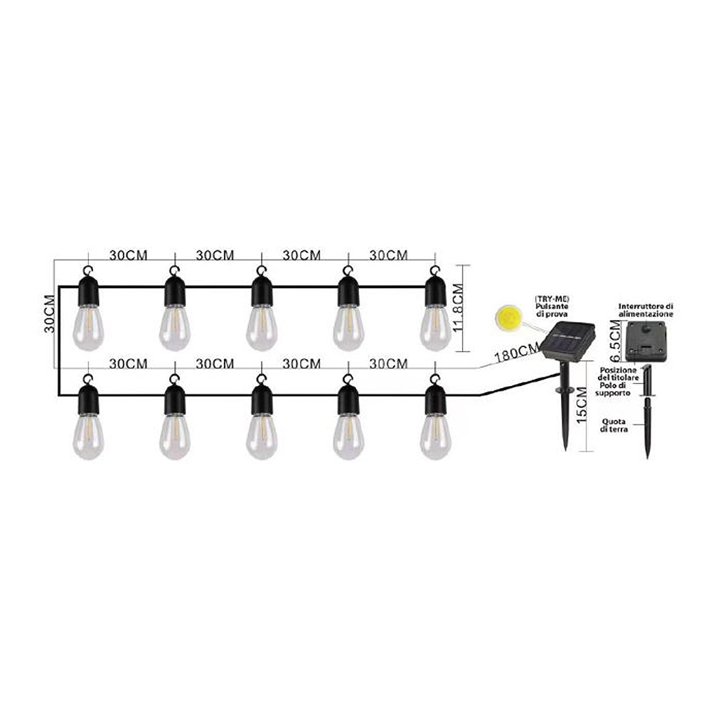 Catena luminosa a Led decorativa con pannello solare 4,5 metri 10 sfere trasparenti Bianco Caldo 2200K Wisdom - Foto 1