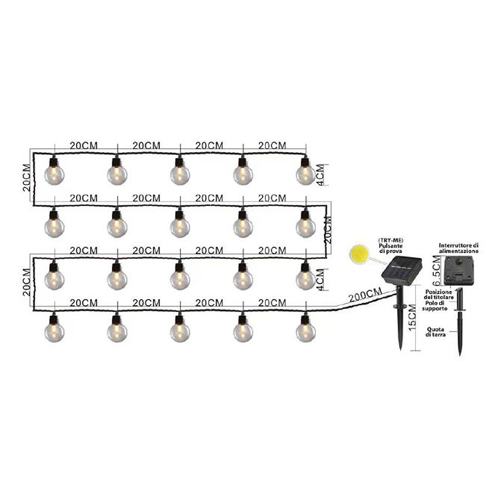 Catena luminosa a Led decorativa con pannello solare 5,8 metri 20 sfere trasparenti Bianco Caldo 2200K Wisdom - Foto 1