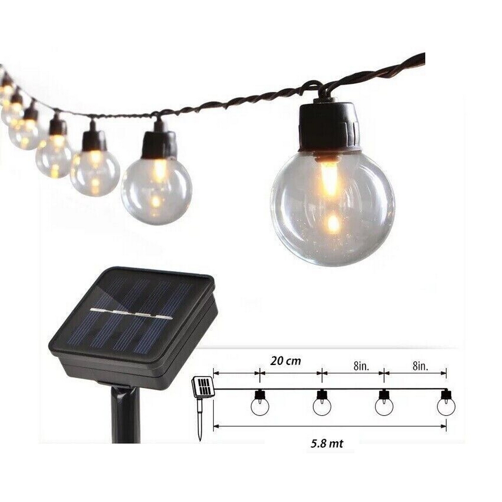 Catena luminosa a Led decorativa con pannello solare 5,8 metri 20 sfere trasparenti Bianco Caldo 2200K Wisdom - Foto 2