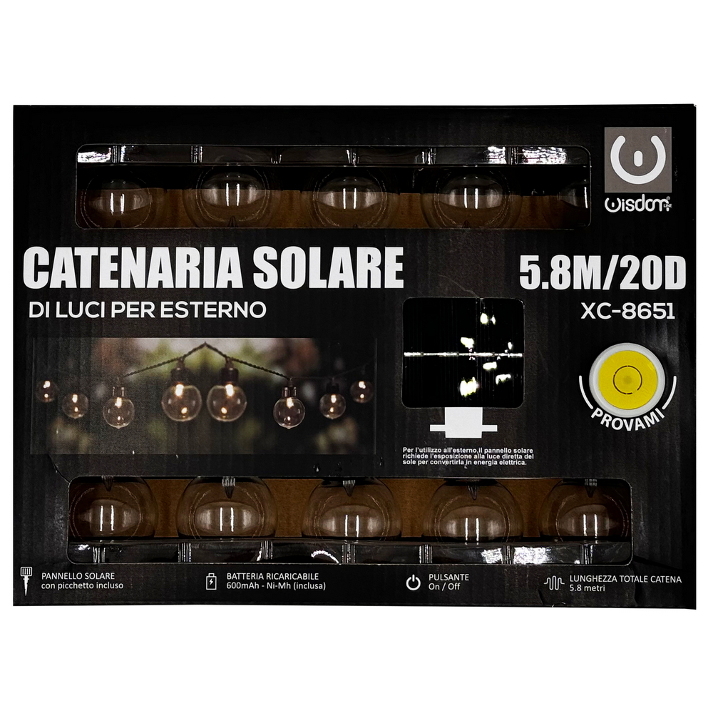 Catena luminosa a Led decorativa con pannello solare 5,8 metri 20 sfere trasparenti Bianco Caldo 2200K Wisdom - Foto 6
