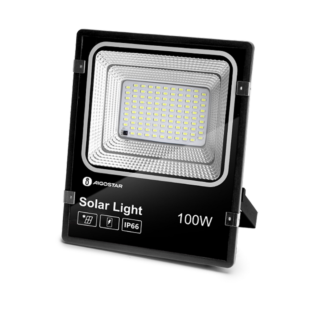 Faro Led 100W Nero con pannello solare IP66 Bianco freddo 6500K Dimmerabile con telecomando e crepuscolare Aigostar - Foto 1