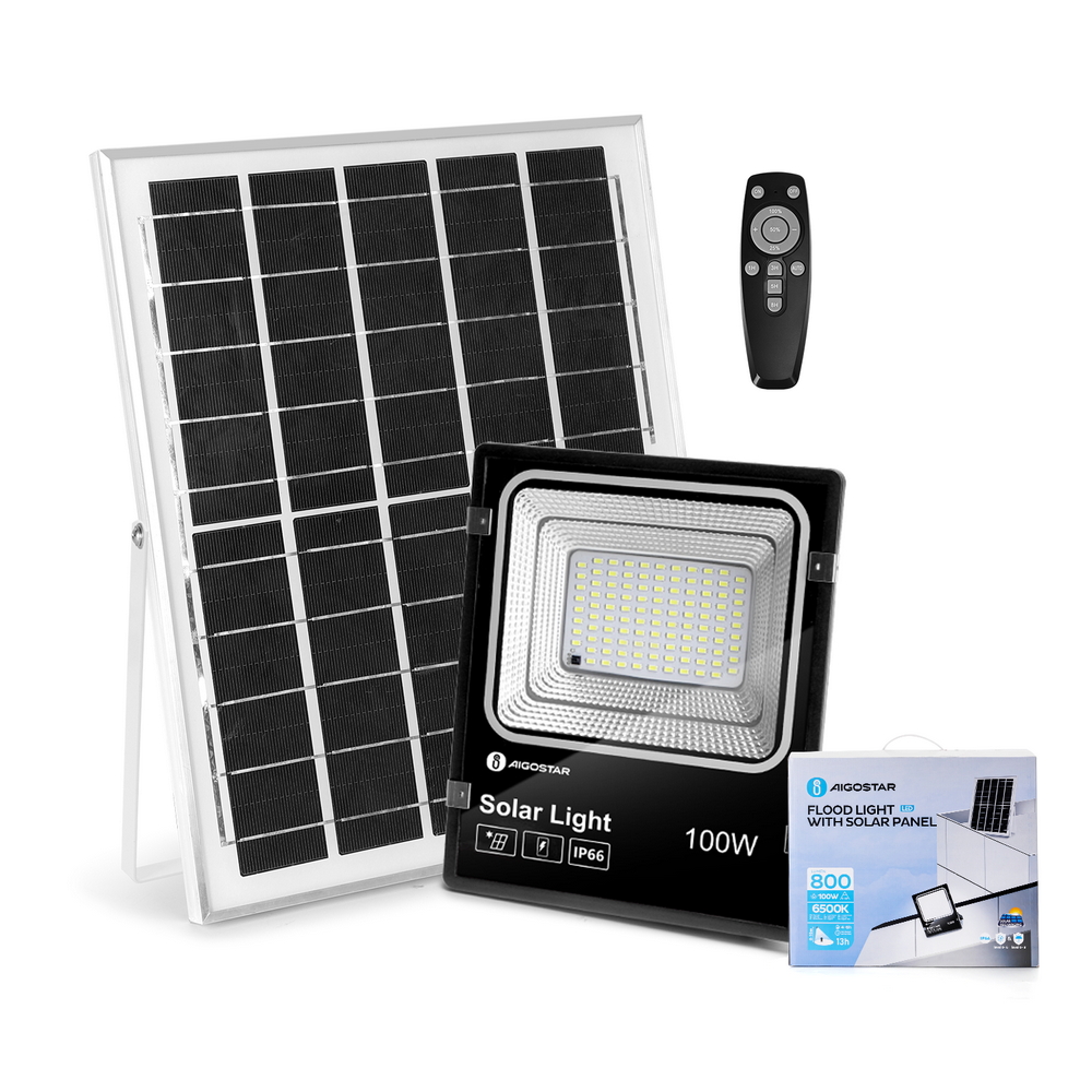 Faro Led 100W Nero con pannello solare IP66 Bianco freddo 6500K Dimmerabile con telecomando e crepuscolare Aigostar - Foto 2