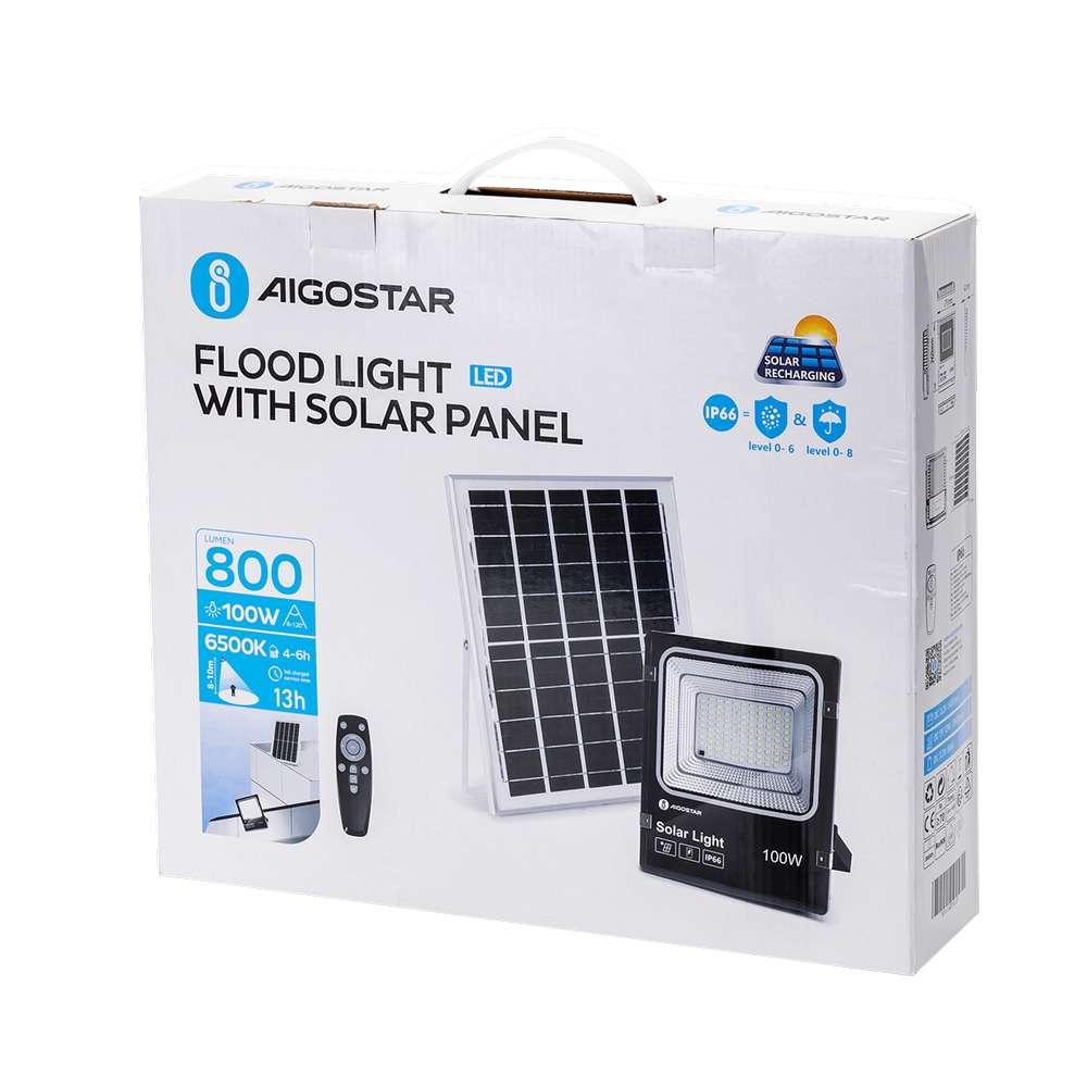 Faro Led 100W Nero con pannello solare IP66 Bianco freddo 6500K Dimmerabile con telecomando e crepuscolare Aigostar - Foto 7