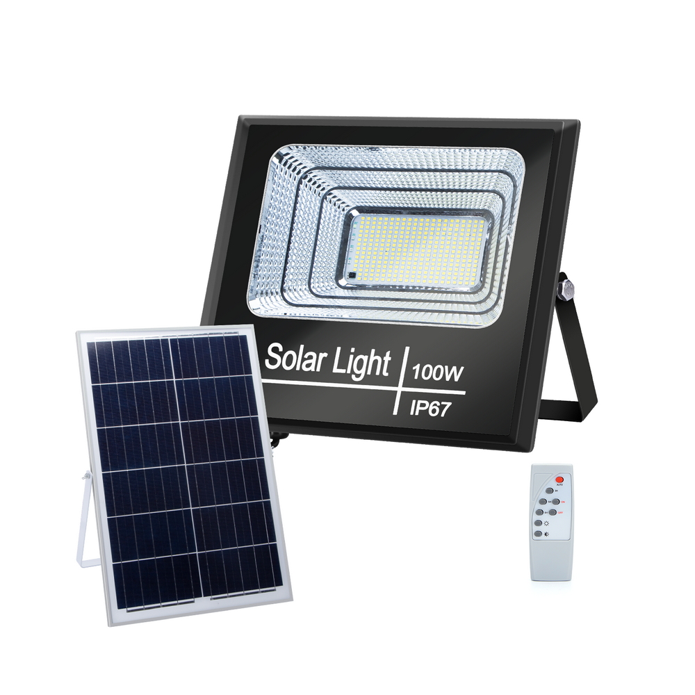 Faro Led 100W Nero con pannello solare IP67 Bianco freddo 6500K Dimmerabile con telecomando e crepuscolare Aigostar - Foto 1
