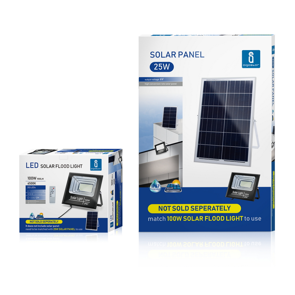 Faro Led 100W Nero con pannello solare IP67 Bianco freddo 6500K Dimmerabile con telecomando e crepuscolare Aigostar - Foto 5