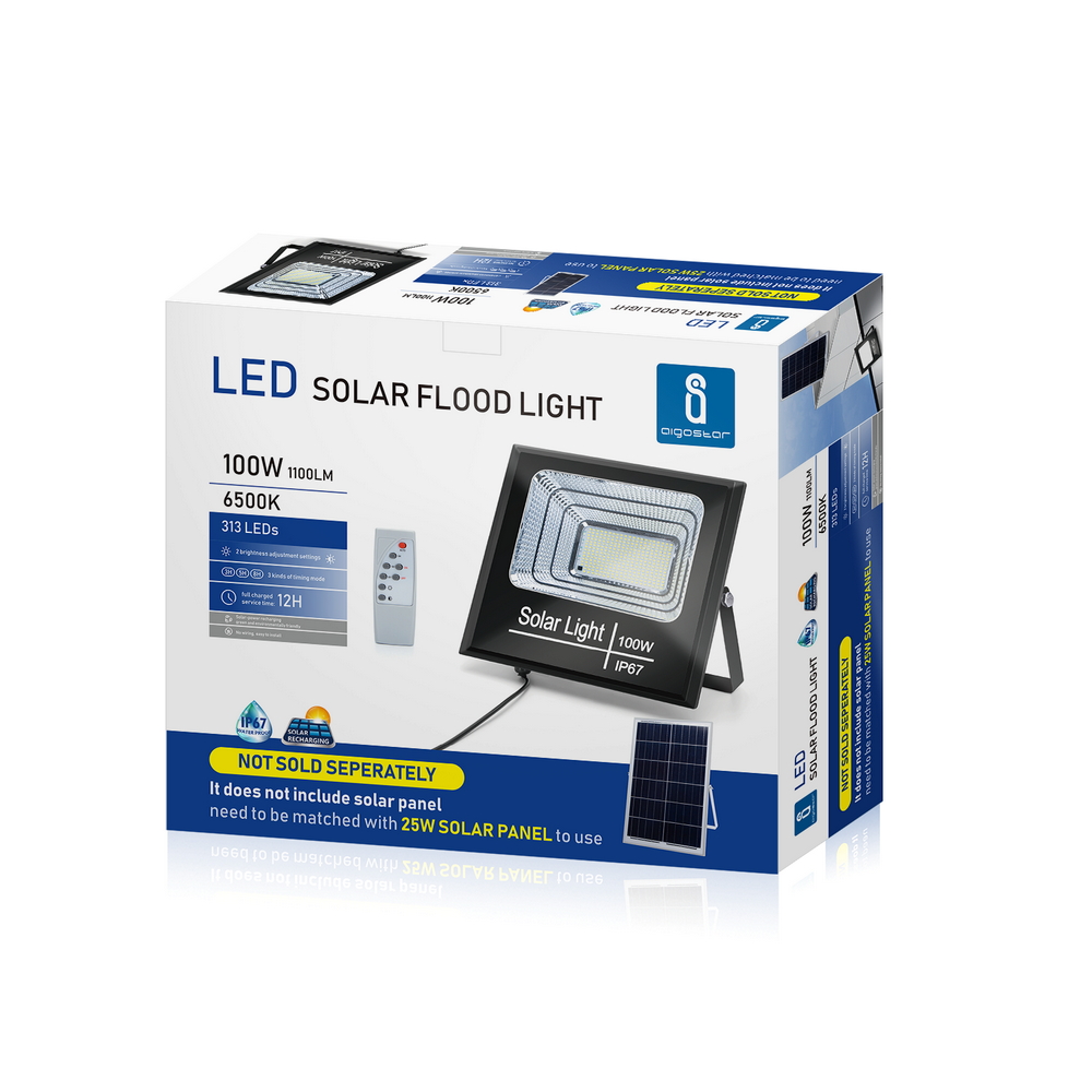 Faro Led 100W Nero con pannello solare IP67 Bianco freddo 6500K Dimmerabile con telecomando e crepuscolare Aigostar - Foto 6