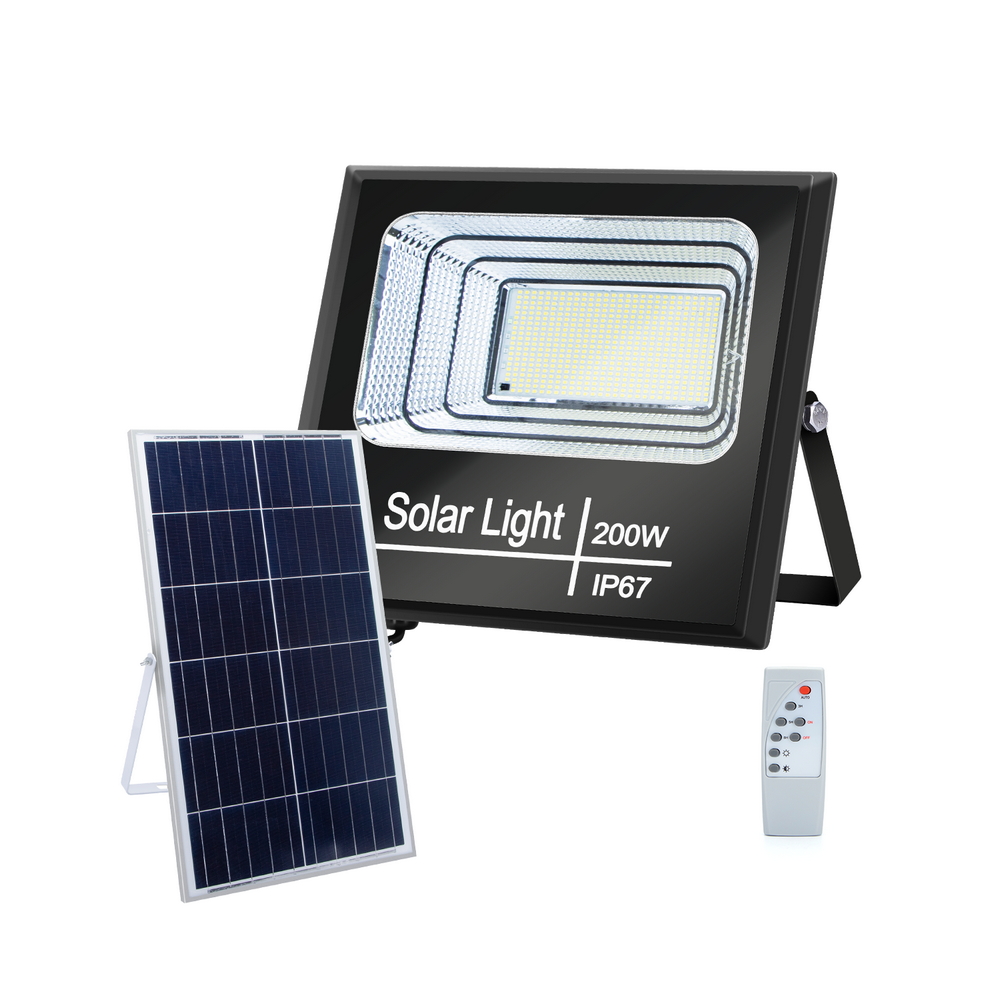 Faro Led 200W Nero con pannello solare IP67 Bianco freddo 6500K Dimmerabile con telecomando e crepuscolare Aigostar - Foto 1