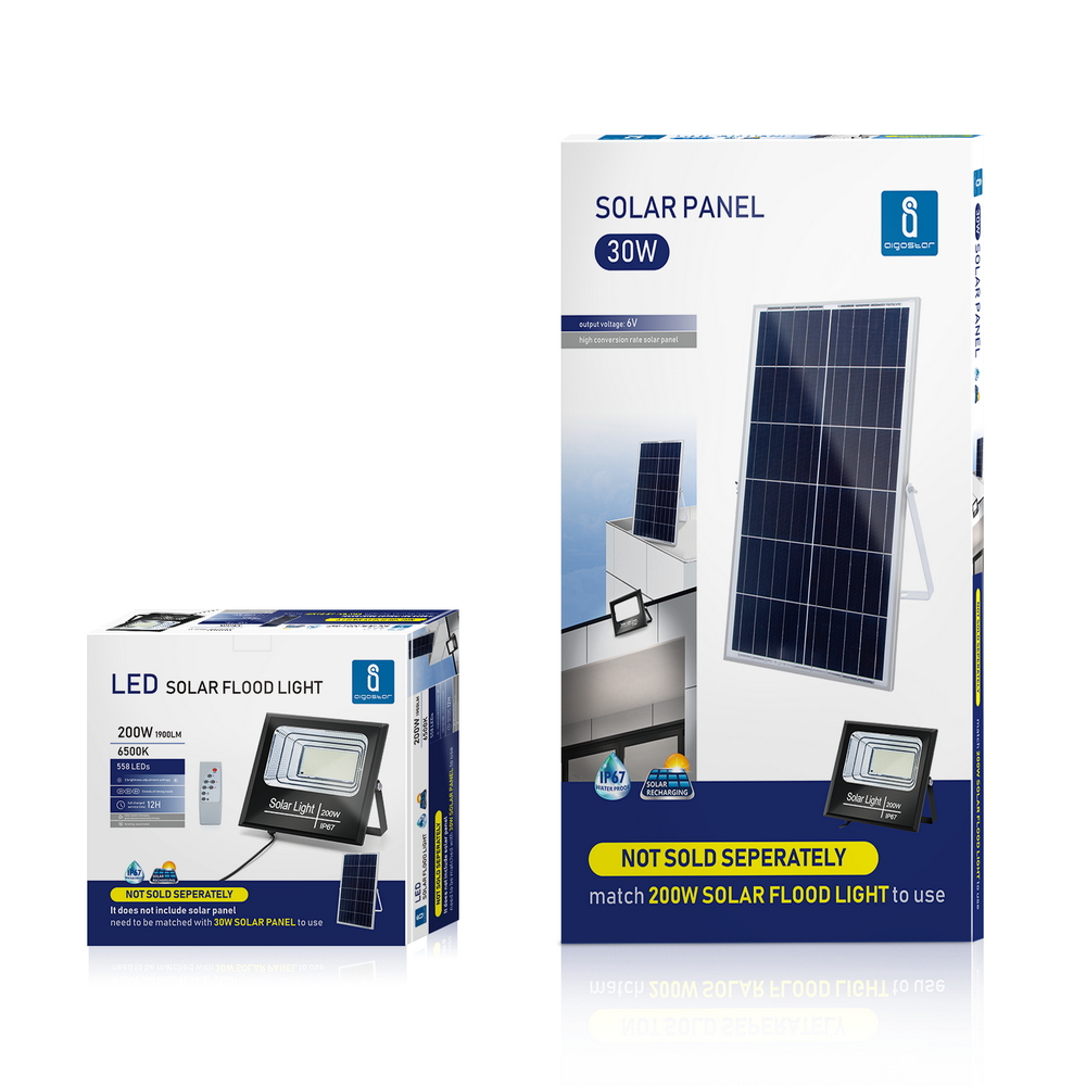 Faro Led 200W Nero con pannello solare IP67 Bianco freddo 6500K Dimmerabile con telecomando e crepuscolare Aigostar - Foto 5