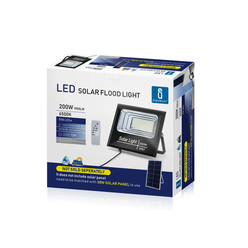 Faro Led 200W Nero con pannello solare IP67 Bianco freddo 6500K Dimmerabile con telecomando e crepuscolare Aigostar - Foto 6