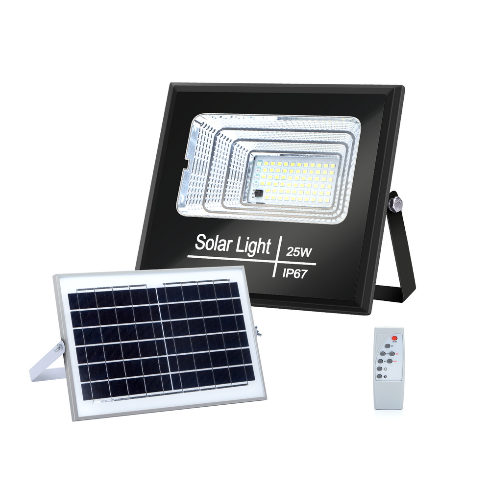 Faro Led 25W Nero con pannello solare IP67 Bianco freddo 6500K Dimmerabile con telecomando e crepuscolare Aigostar - Foto 1
