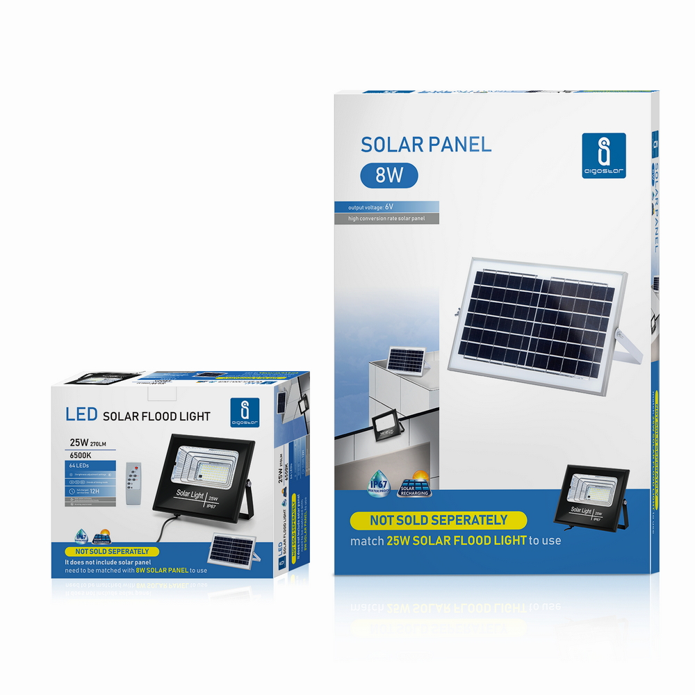 Faro Led 25W Nero con pannello solare IP67 Bianco freddo 6500K Dimmerabile con telecomando e crepuscolare Aigostar - Foto 5