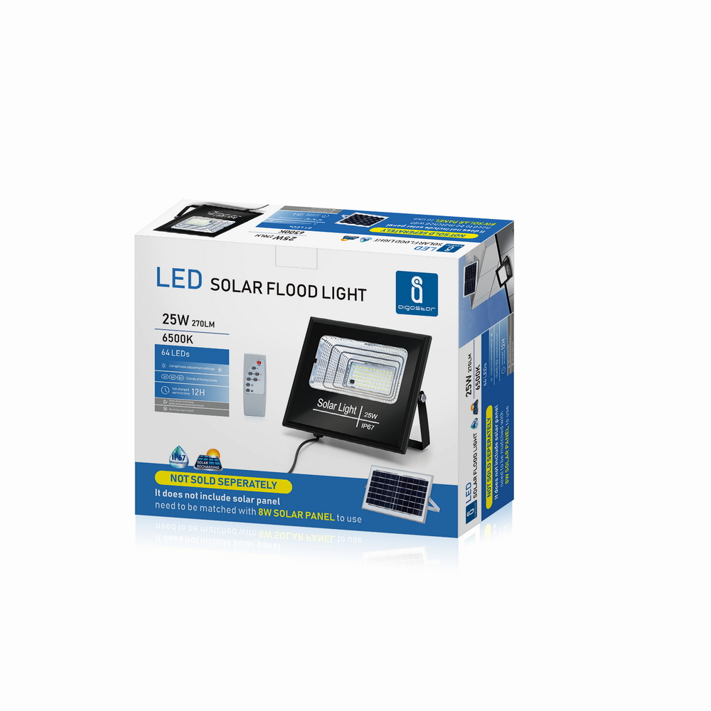 Faro Led 25W Nero con pannello solare IP67 Bianco freddo 6500K Dimmerabile con telecomando e crepuscolare Aigostar - Foto 6