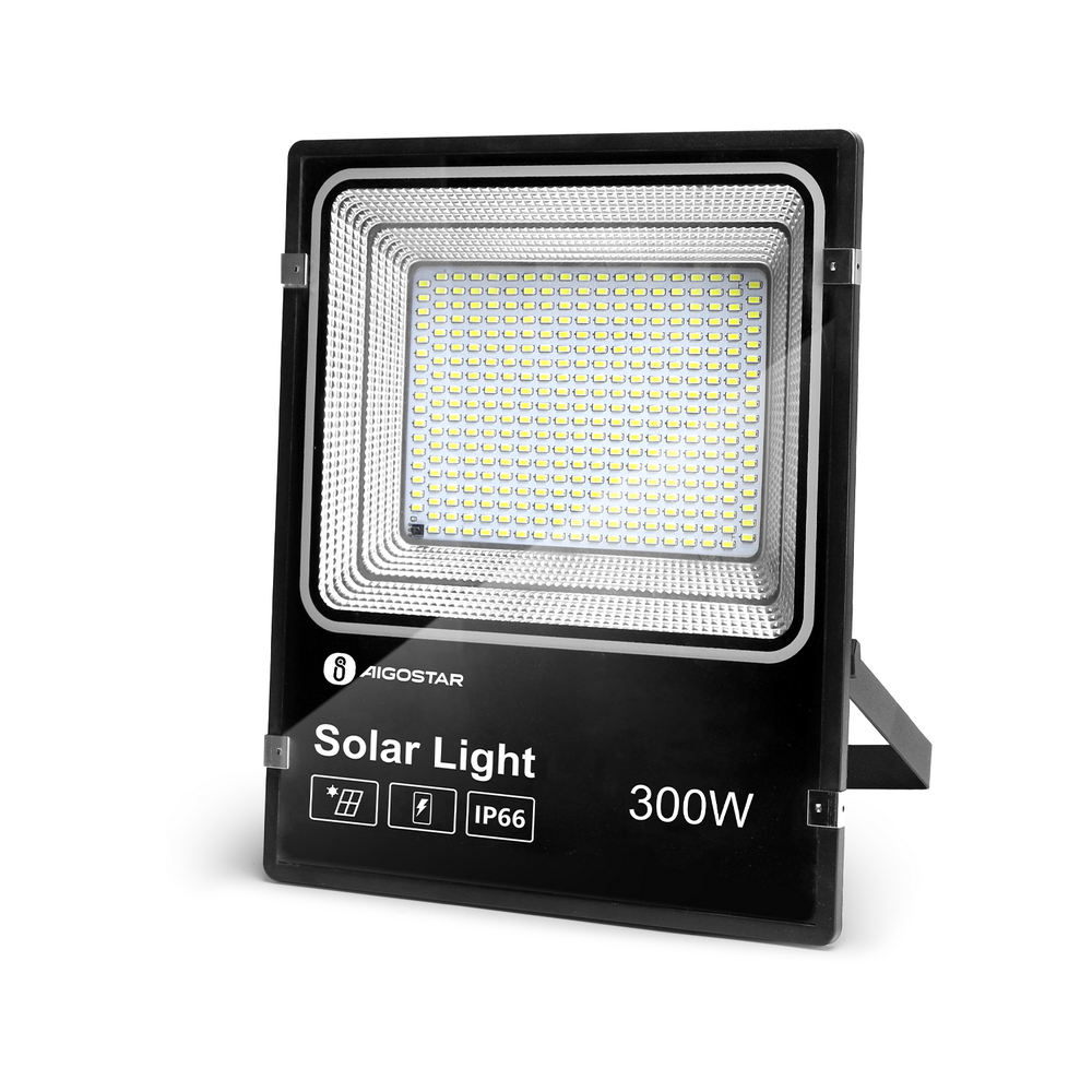 Faro Led 300W Nero con pannello solare IP66 Bianco freddo 6500K Dimmerabile con telecomando e crepuscolare Aigostar - Foto 1