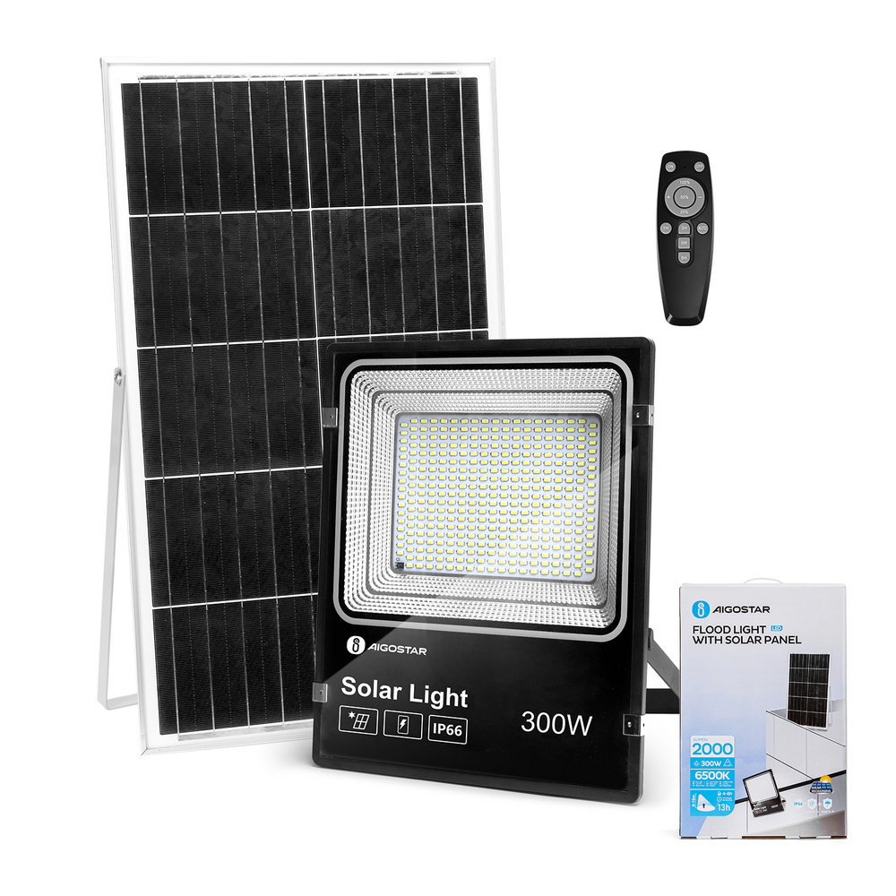 Faro Led 300W Nero con pannello solare IP66 Bianco freddo 6500K Dimmerabile con telecomando e crepuscolare Aigostar - Foto 2