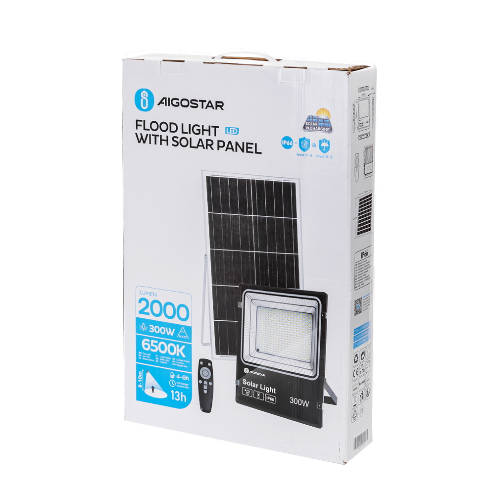 Faro Led 300W Nero con pannello solare IP66 Bianco freddo 6500K Dimmerabile con telecomando e crepuscolare Aigostar - Foto 6