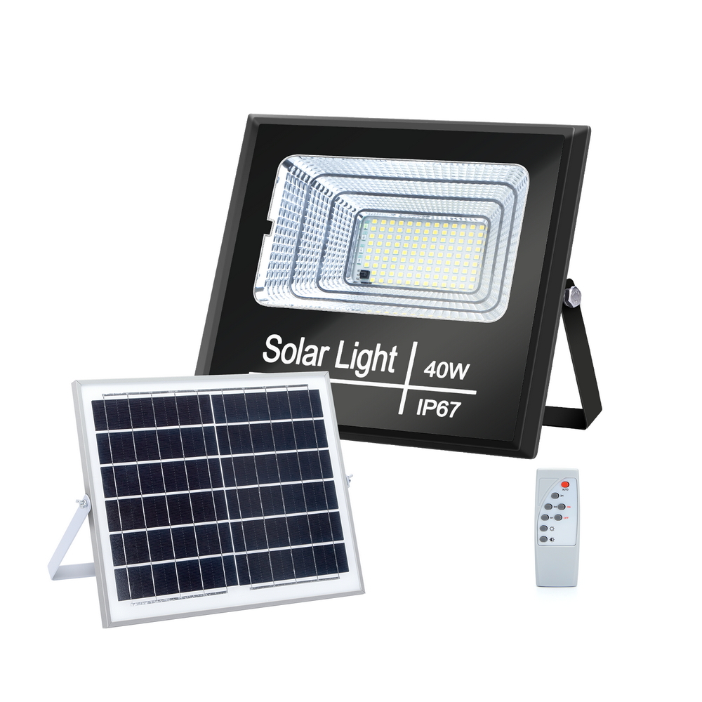 Faro Led 40W Nero con pannello solare IP67 Bianco freddo 6500K Dimmerabile con telecomando e crepuscolare Aigostar - Foto 1