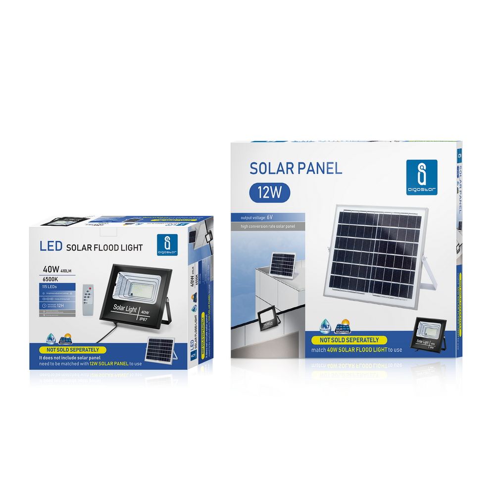 Faro Led 40W Nero con pannello solare IP67 Bianco freddo 6500K Dimmerabile con telecomando e crepuscolare Aigostar - Foto 5