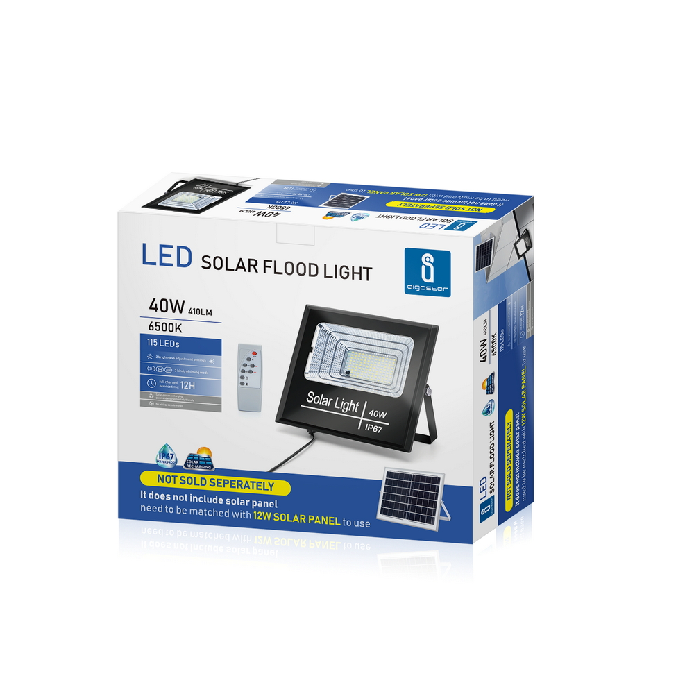 Faro Led 40W Nero con pannello solare IP67 Bianco freddo 6500K Dimmerabile con telecomando e crepuscolare Aigostar - Foto 6