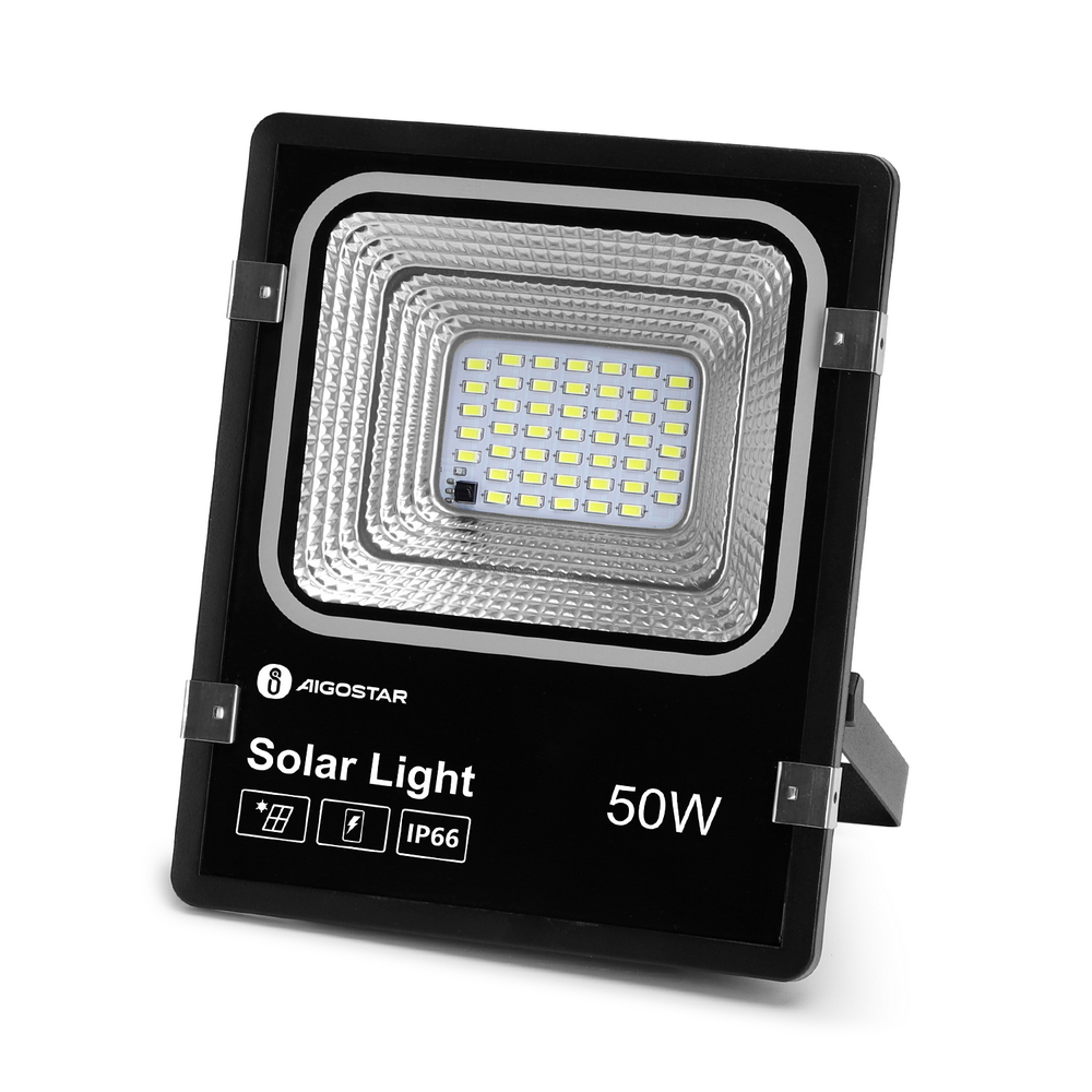 Faro Led 50W Nero con pannello solare IP66 Bianco freddo 6500K Dimmerabile con telecomando e crepuscolare Aigostar - Foto 1