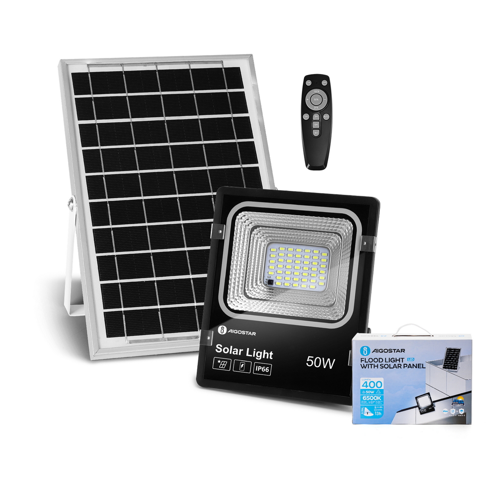 Faro Led 50W Nero con pannello solare IP66 Bianco freddo 6500K Dimmerabile con telecomando e crepuscolare Aigostar - Foto 2