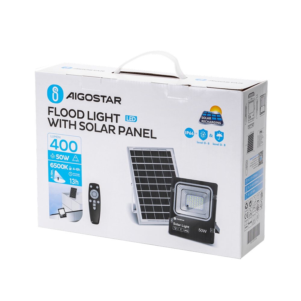 Faro Led 50W Nero con pannello solare IP66 Bianco freddo 6500K Dimmerabile con telecomando e crepuscolare Aigostar - Foto 6