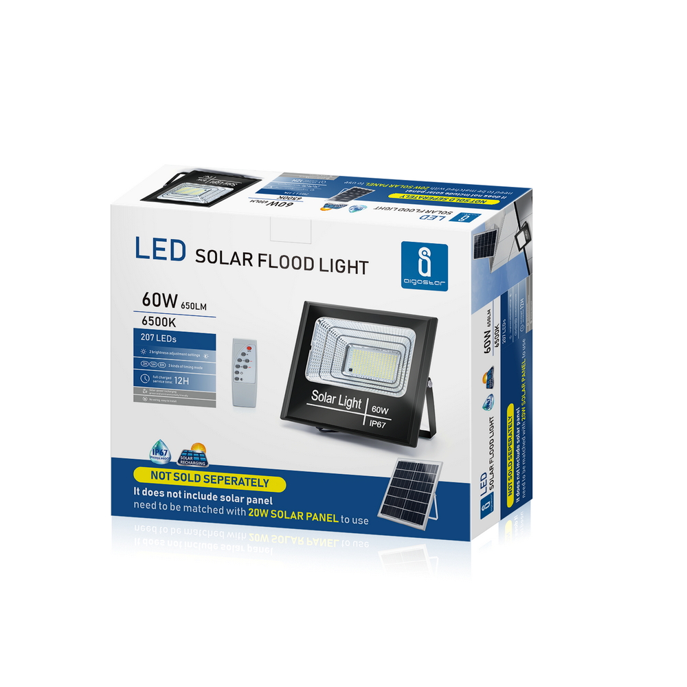Faro Led 60W Nero con pannello solare IP67 Bianco freddo 6500K Dimmerabile con telecomando e crepuscolare Aigostar - Foto 6