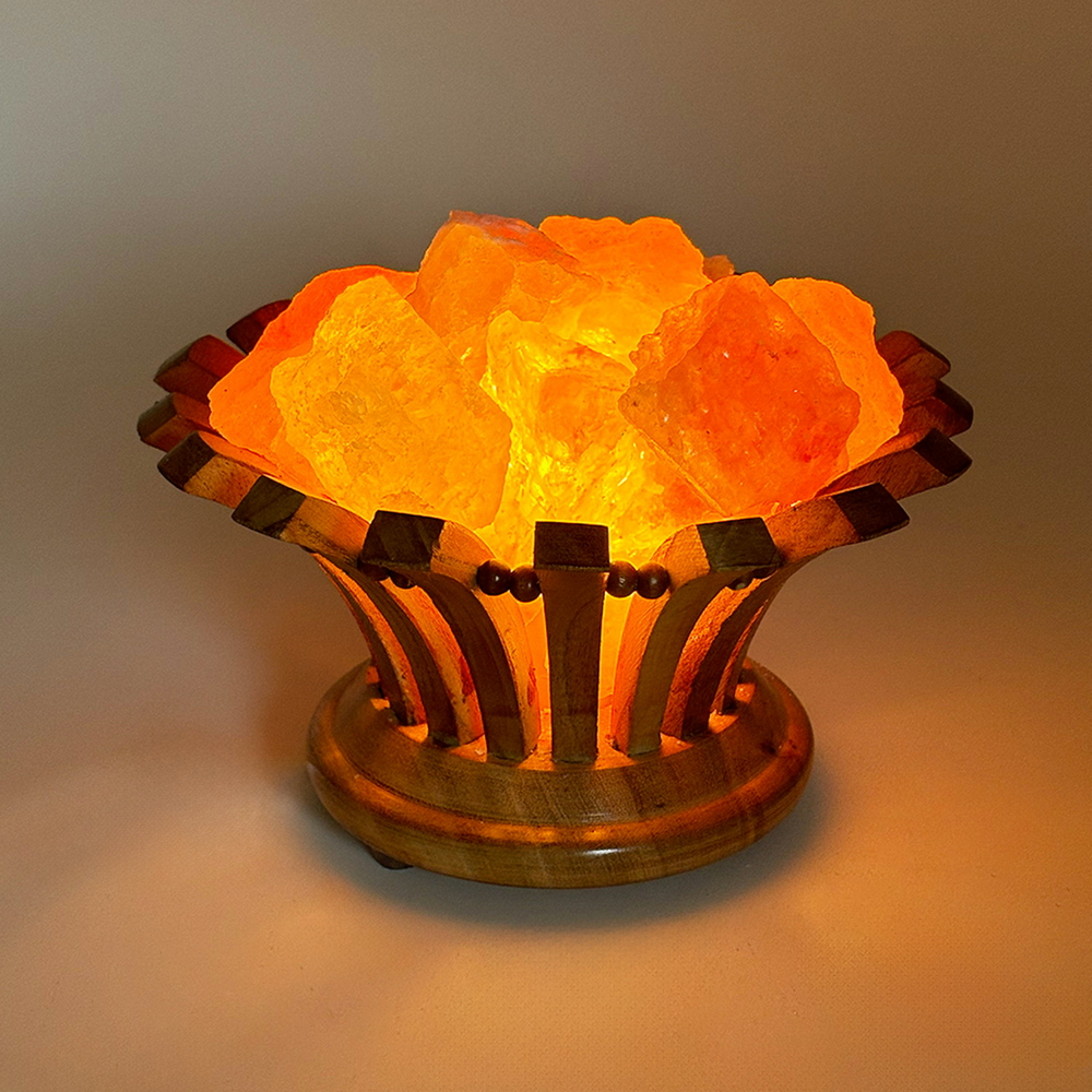 Foto principale Lampada di Sale Himalayano Rosa naturale Braciere a forma di Fiore in legno 4Kg
