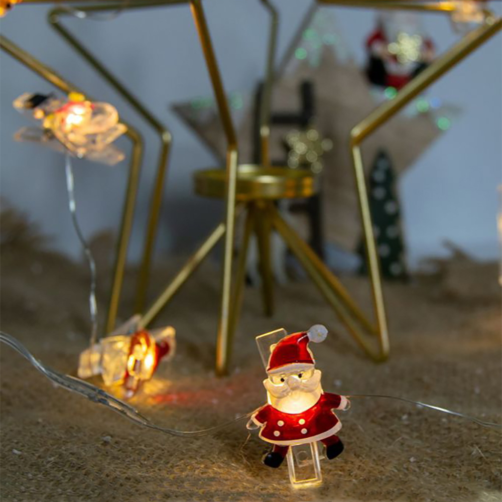 Catena decorata portafoto con personaggi di natale luminosi a Led Bianco Caldo 2 metri a batteria e autospegnimento Wisdom - Foto 1