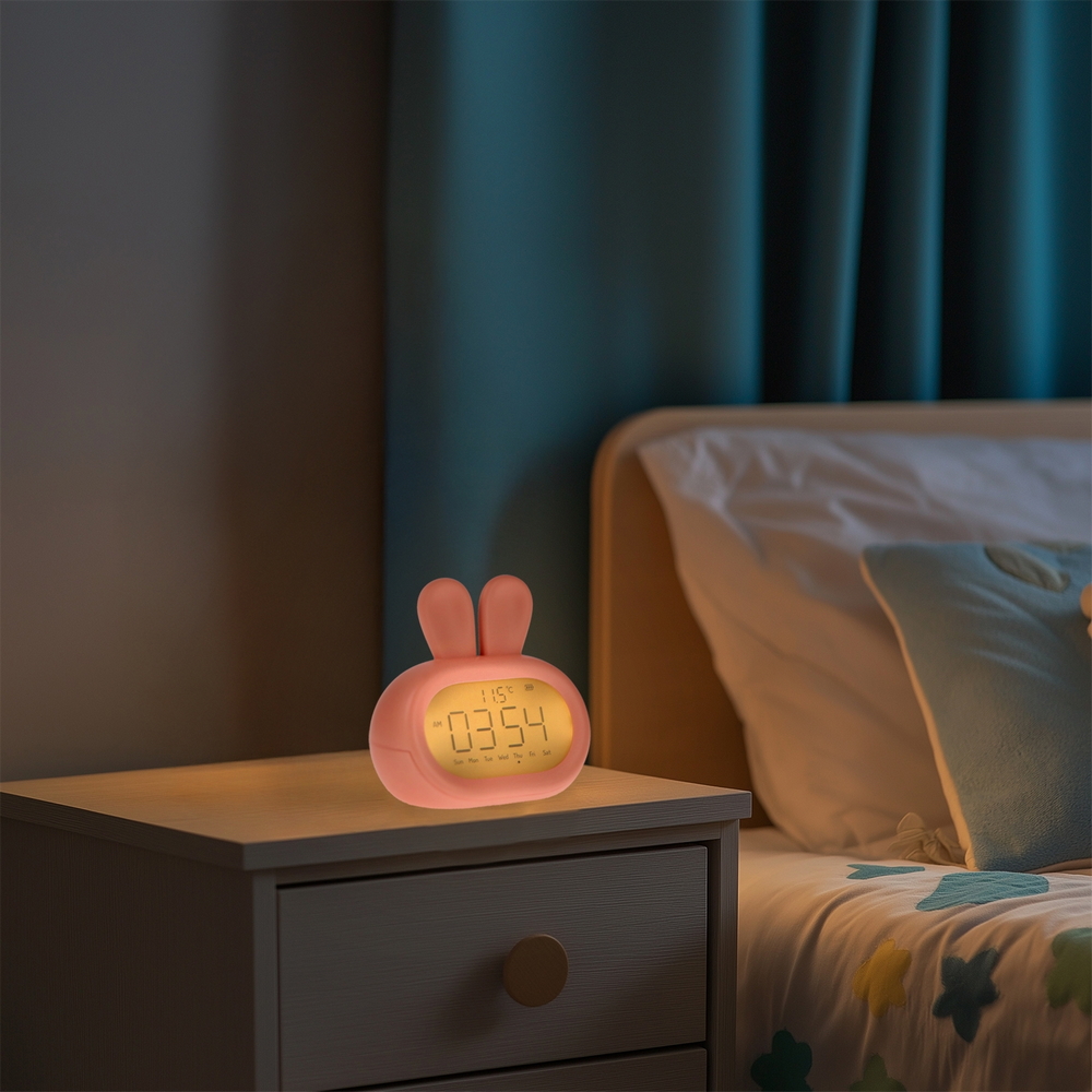 Lampada Led touch Coniglio rosa con sveglia per bambini a batteria ricaricabile USB Bianco caldo M LEDME - Foto 1