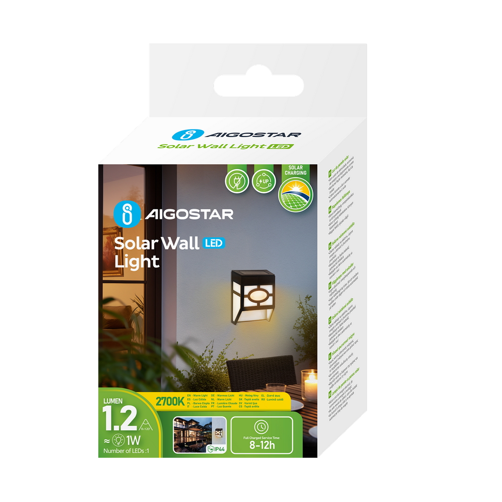 Applique Led 1W Nero con pannello solare IP44 Bianco caldo 2700K con sensore crepuscolare Aigostar - Foto 4
