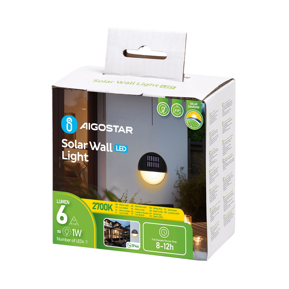 Applique Led 1W Nero Rotondo con pannello solare IP44 Bianco caldo 2700K con sensore crepuscolare Aigostar - Foto 4