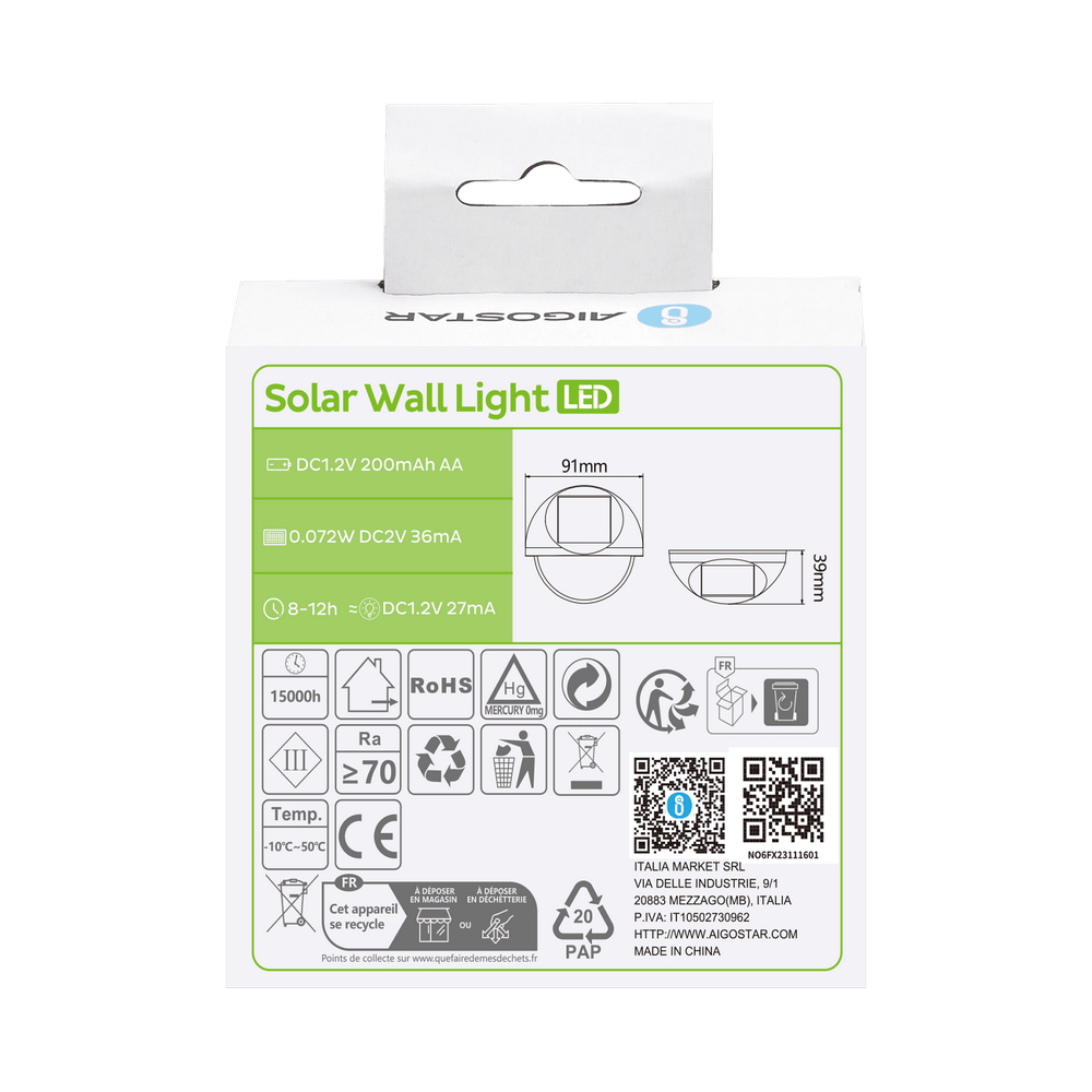 Applique Led 1W Nero Rotondo con pannello solare IP44 Bianco caldo 2700K con sensore crepuscolare Aigostar - Foto 5