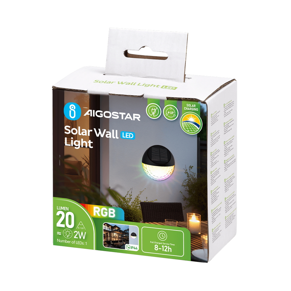Applique Led 2W Nero con pannello solare IP44 RGB con sensore crepuscolare Aigostar - Foto 5