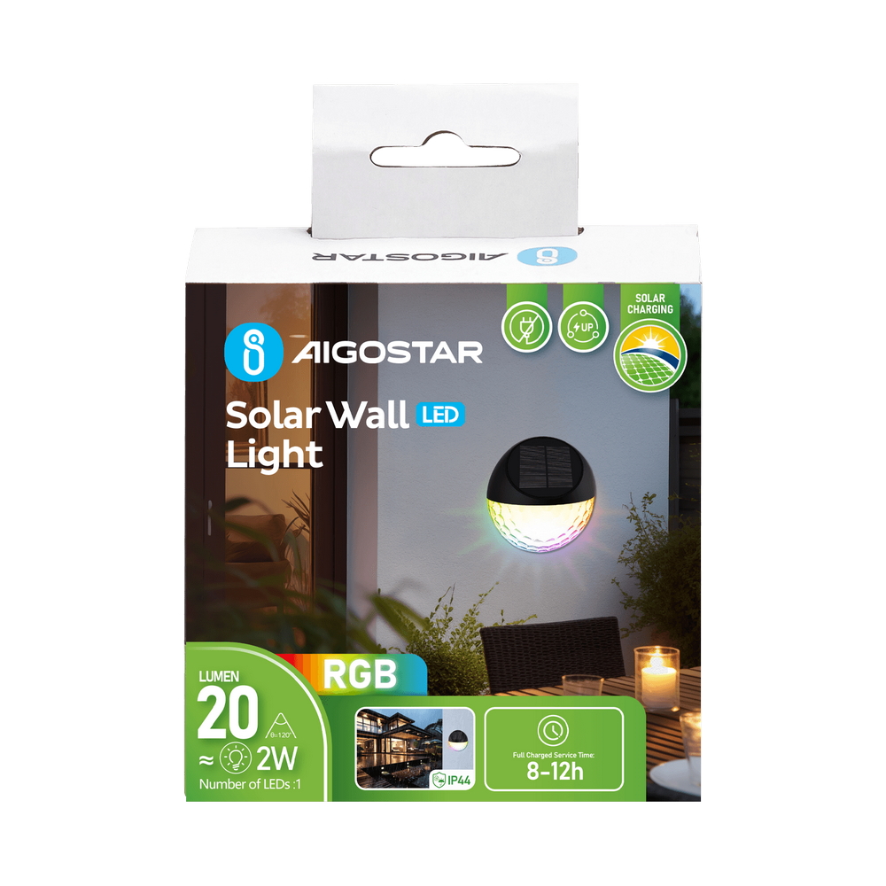 Applique Led 2W Nero con pannello solare IP44 RGB con sensore crepuscolare Aigostar - Foto 6