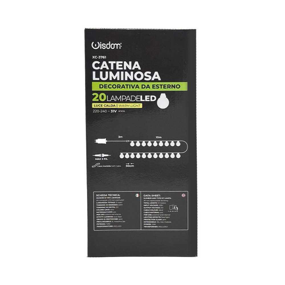 Catena luminosa a Led decorativa 10 metri 20 lampadine trasparenti IP44 Bianco caldo a luce fissa Wisdom - Foto 7
