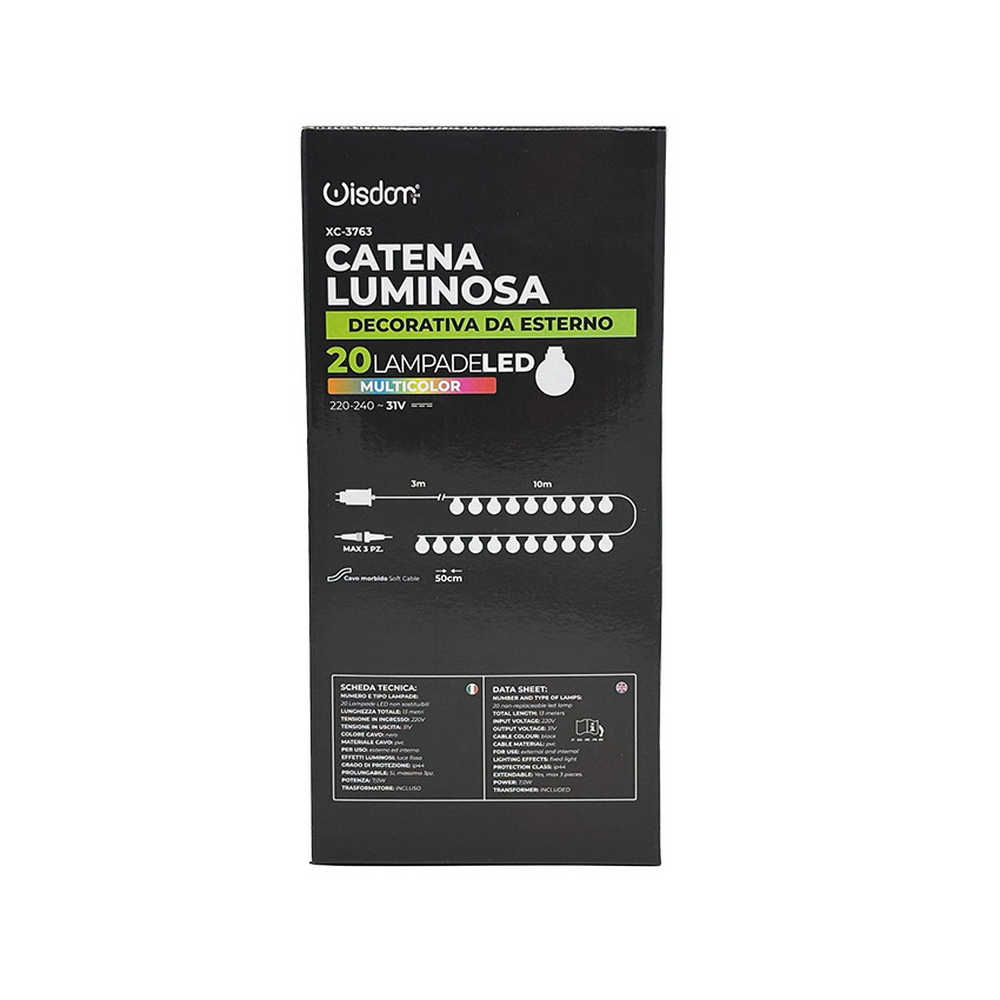 Catena luminosa a Led decorativa 10 metri 20 lampadine trasparenti IP44 RGB a luce fissa Wisdom - Foto 5