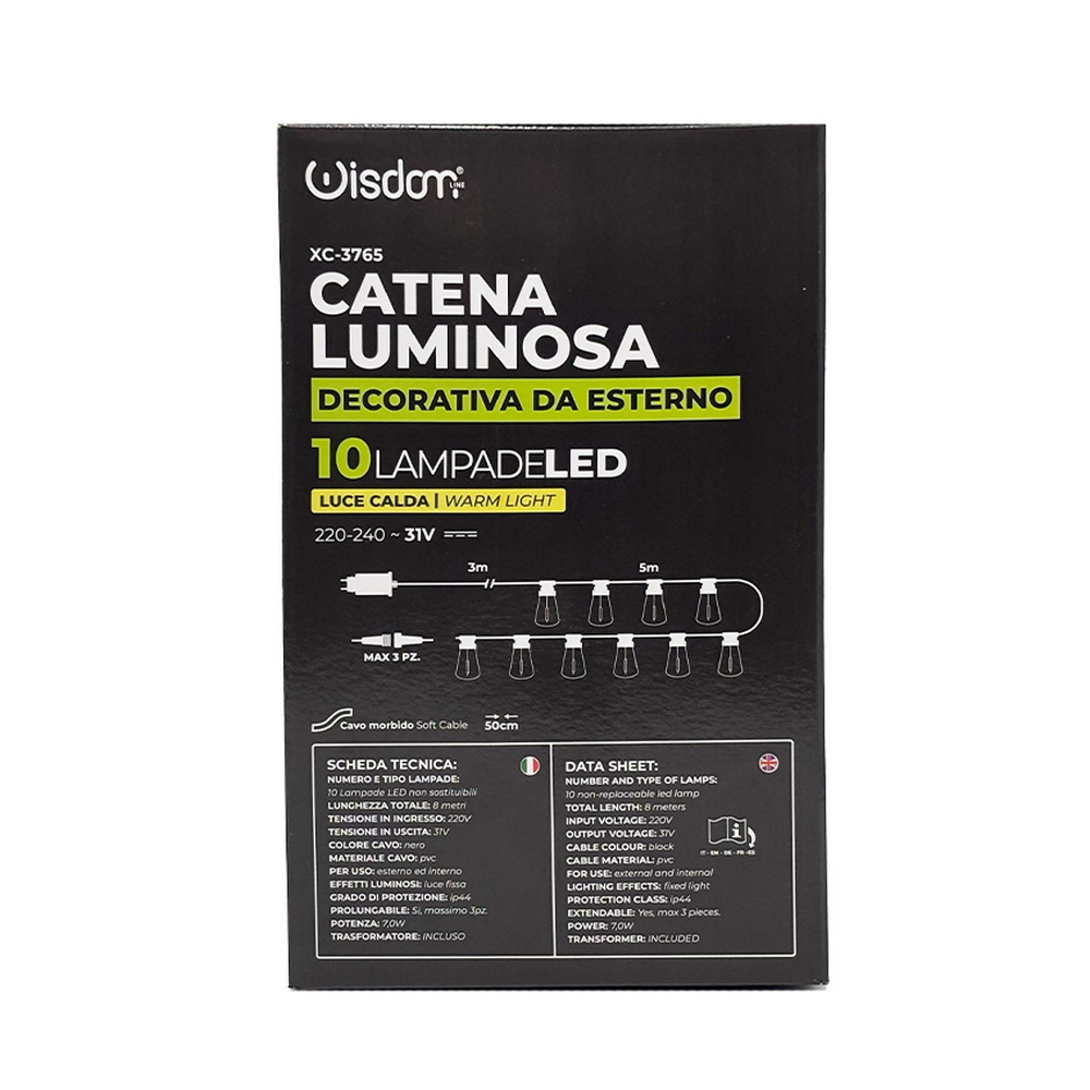 Catena luminosa a Led decorativa 5 metri 10 lampadine trasparenti ST45 IP44 Bianco caldo a luce fissa Wisdom - Foto 7
