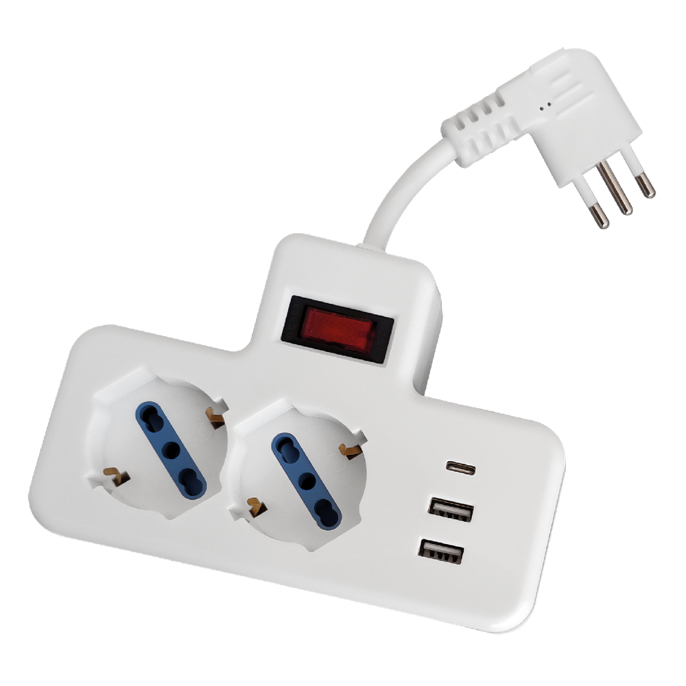Foto principale Ciabatta multipresa elettrica 2 posti + 2 porte USB 1 porta Type-C con cavo da 5cm – 2 Prese Schuko Novaline