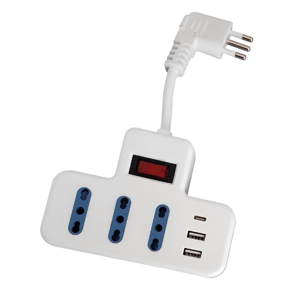 Foto principale Ciabatta multipresa elettrica 3 posti + 2 porte USB 1 porta Type-C con cavo da 5cm – 3 Prese Bipasso Novaline