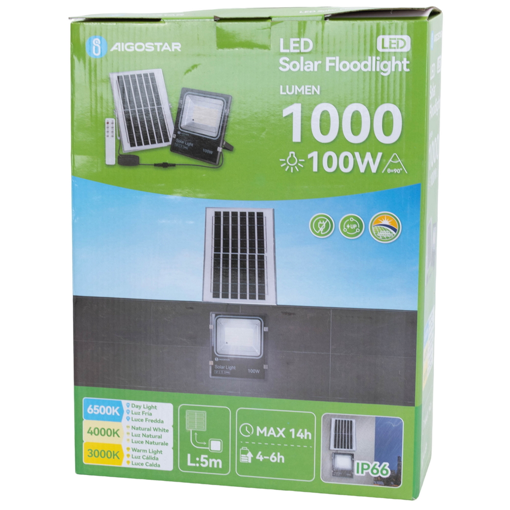 Faro Led 100W Nero con pannello solare IP66 CCT temperatura colore regolabile Dimmerabile con telecomando e crepuscolare Aigostar - Foto 5