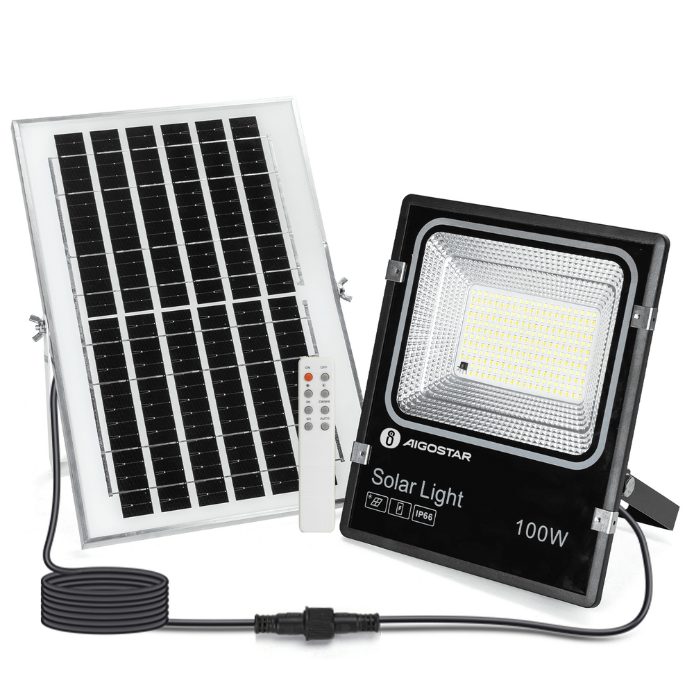 Foto principale Faro Led 100W Nero con pannello solare IP66 CCT temperatura colore regolabile Dimmerabile con telecomando e crepuscolare Aigostar